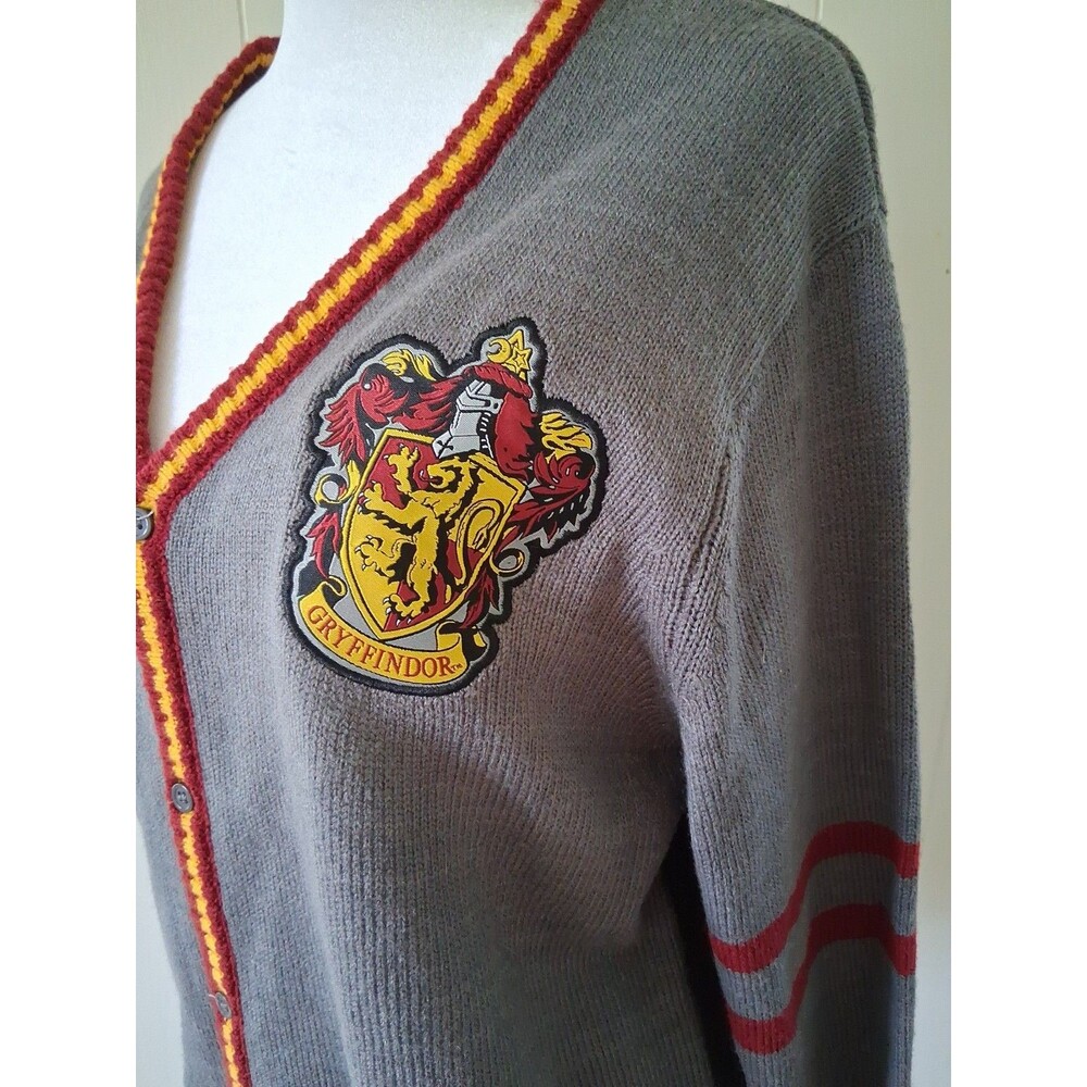 Harry Potter Gryffindor Cardigan Sweater Women Medium Gray Crest Patch Halloween